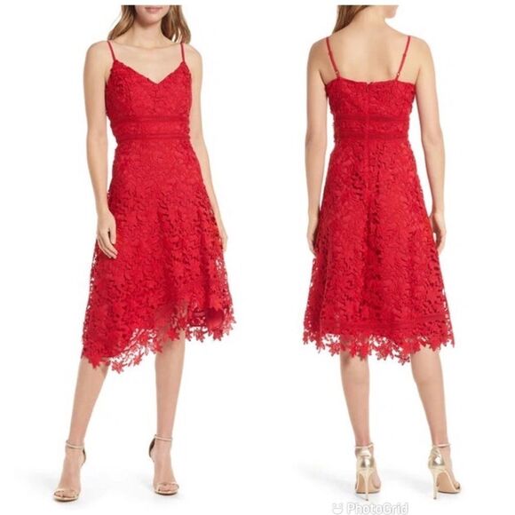 ELIZA J Elegant Red Lace Spaghetti Strap‎ Cocktail Dress Party Size 4 6 8 New - Picture 1 of 15